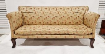 Antique carved mahogany and upholstered square-back settee with outscroll arms, all in gold floral