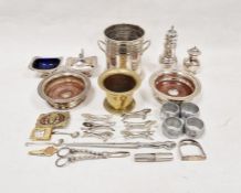 Assorted plated ware to include Viners sugar sifter, napkin rings, knife rests, etc (1 box)