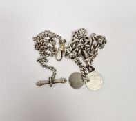 Two silver albert chains, one having two attached coins, both with lobster clasps, 49g in weight