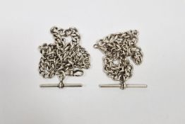 Two hallmarked silver albert chains, both having T-bars and single lobster clasps, combined weight