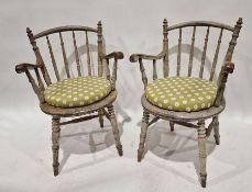 Pair limed hardwood country stickback open armchairs, each with scroll arms, circular seat and on