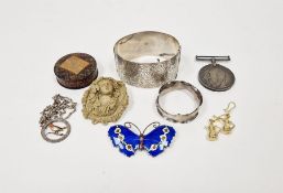Silver and enamel butterfly brooch with English hallmarks, a silver bangle inscribed 'Lillie', other