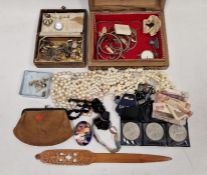 Assorted world coins, costume jewellery including beaded necklaces, cufflink and badges (2 boxes)