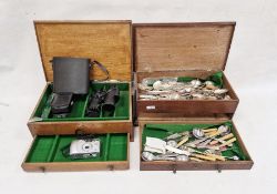 Oak canteen (empty) and another enclosing various assorted flatware, a camera and a pair of