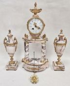 French gilt metal and ormolu marble clock garniture, the enamel drum-shaped movement with urn