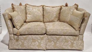 Knole-style sofa in gold foliate damask upholstery. Measuring approximately 94cm high x 175cm wide x