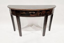 20th century chinoiserie demi-lune hall table, decorated throughout with traditional scenes,