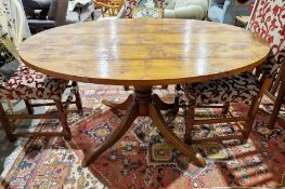 Reproduction figured oak pedestal dining table, oval, 153cm long approx.