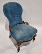 Victorian spoonback button upholstered sewing chair with rudimentary scroll arms and on stump