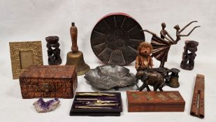 Assortment of collectables to include a brass handbell, an Art Nouveau pewter dish depicting