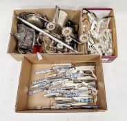 Plated ware candelabra, a rectangular picture frame (missing mount), tankard, Assorted flatware, etc