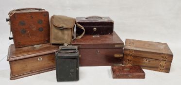 Collection of various boxes including a small writing slope, leather covered cash box and others,