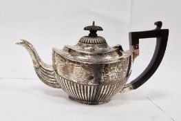 Early 20th century silver teapot, ebony finial and handle, semi-gadrooned, Birmingham 1903, maker