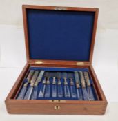 Cased matched set of six Victorian silver tea knives and forks with glass handles, crab crest,