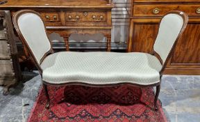 Mahogany love seat with double chair back and all upholstered in eau-de-nil trelliswork damask, 90cm