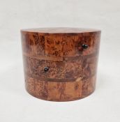 Modern thuya wood three-tier, three drawer drum-shaped jewellery box, 22cm diameter x 16cm high