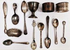 Silver eggcup, intiialled 'I.J.K', two silver napkin rings, assorted teaspoons, souvenir spoons,
