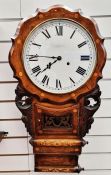 American drop-dial wall clock in carved and pierced case, brass stringing and floral inlaid