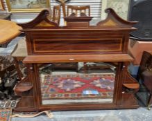 Parquetry inlaid overmantel mirror in revived Georgian style with broken swan neck pediment and