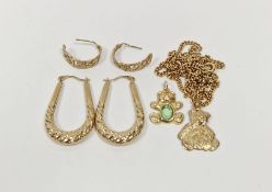 9ct gold hoop earrings, a 9ct gold bear pendant on chain (unmarked), pair of gold coloured hoop