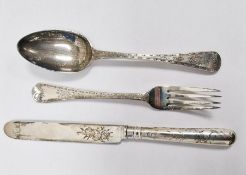 Victorian silver matched fork, knife and spoon, floral and bamboo engraved decoration, London