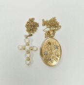 9ct gold mounted oval locket on chain, 3.5g, a 9ct gold chain, 0.5g and a gold coloured and pear
