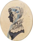 19th century silhouette portrait of a lady in period dress, framed and glazed, together with a white
