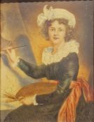 Print on glass heightened with oils Study of a female artist, seated, 23cm x 17cm