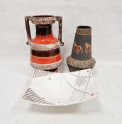 Two West German vases moulded with bands of volcanic brown glaze alternating with orange stripes,