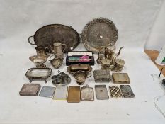 Quantity of plated ware to include boxes, cigarette cases, cigar boxes, trays, etc and a box of