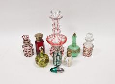 Green flashed and cut glass miniature scent bottle with white metal hinged top, 7.5cm high, a ruby