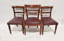 Set of ten early Victorian mahogany dining chairs, each with scroll top rail, relief mould cross