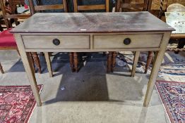 Painted wood side table with marbled finish top, pair frieze drawers with metal drop ring handles,
