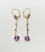 Pair of gold, amethyst and diamond drop earrings, 3g approx.