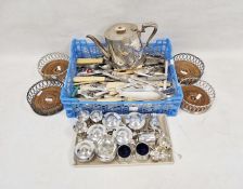 Plated flatware, cruet sets, four wine coasters and a teapot