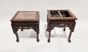 Chinese carved wood marble-topped occasional table, 44.5cm high x 40cm wide and another larger (