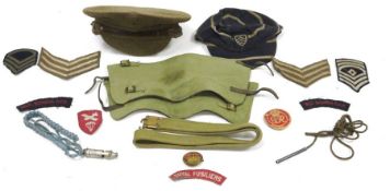 Selection of military related items and fabrics to include numerous cloth badges, a cap, etc