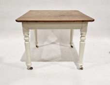 Early 20th century mahogany topped white painted dining table, raised upon turned legs with castors,