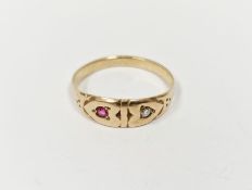 Gold-coloured metal, ruby and diamond dress ring with two worn stones in heart-shaped box
