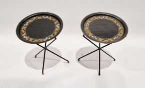 Pair of modern painted metal occasional/garden tables, circular, on splayed supports, 51cm high x