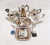 Assorted silver plated wares, to include a pair of Pheasants, part tea set, three branch