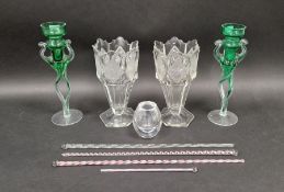 Pair of Czechoslovakian Lopaque press moulded and frosted glass vases of hexagonal section, each