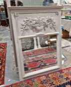 Grey painted wood wall mirror, rectangular with broad frieze, having relief decoration of vase of