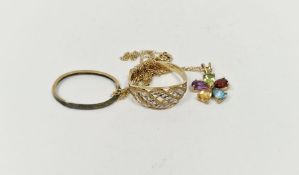 9K gold and white metal foliate pierced ring approx. 2.5g, a 9K gold chain necklace with