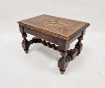 Small 19th century oak stool, of rectangular form, with carved floral motif to top, 19cm x 30cm x