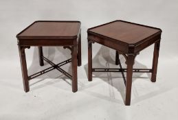 Pair of stained wooden Brights of Nettlebed side tables, each of square form, label to underside