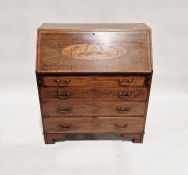 Early 20th century mahogany bureau with flame mahogany inlay, fall front enclosing leather inset