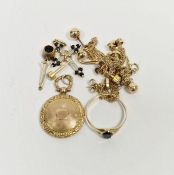 9ct gold and oval onyx set ring, 0.8g, gold and gold-coloured earrings, a gold cross set with