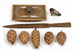 Selection of wooden wares and collectables, to include a mother of pearl and brass inlaid ink