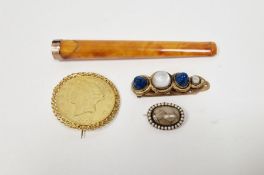 9ct gold and amber mounted cheroot holder, a Victorian mourning brooch engraved to verso ' Where I